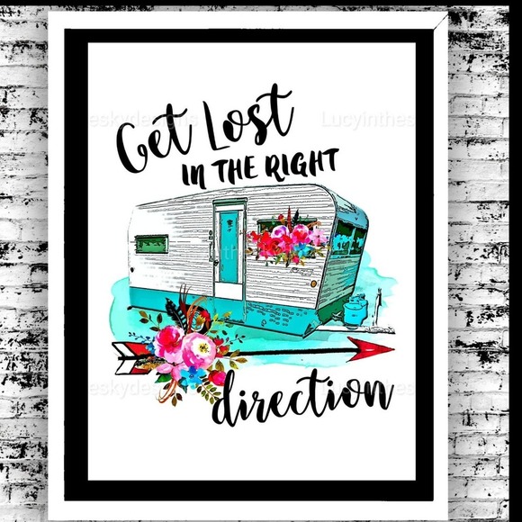 Get Lost Teal Camper with Roses Bright Travel Art Print - Picture 1 of 5